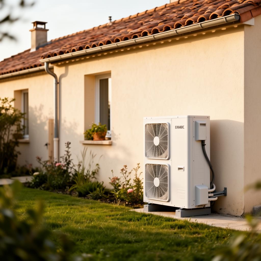 Pompe à chaleur air/eau installée contre le mur d'une maison individuelle française
