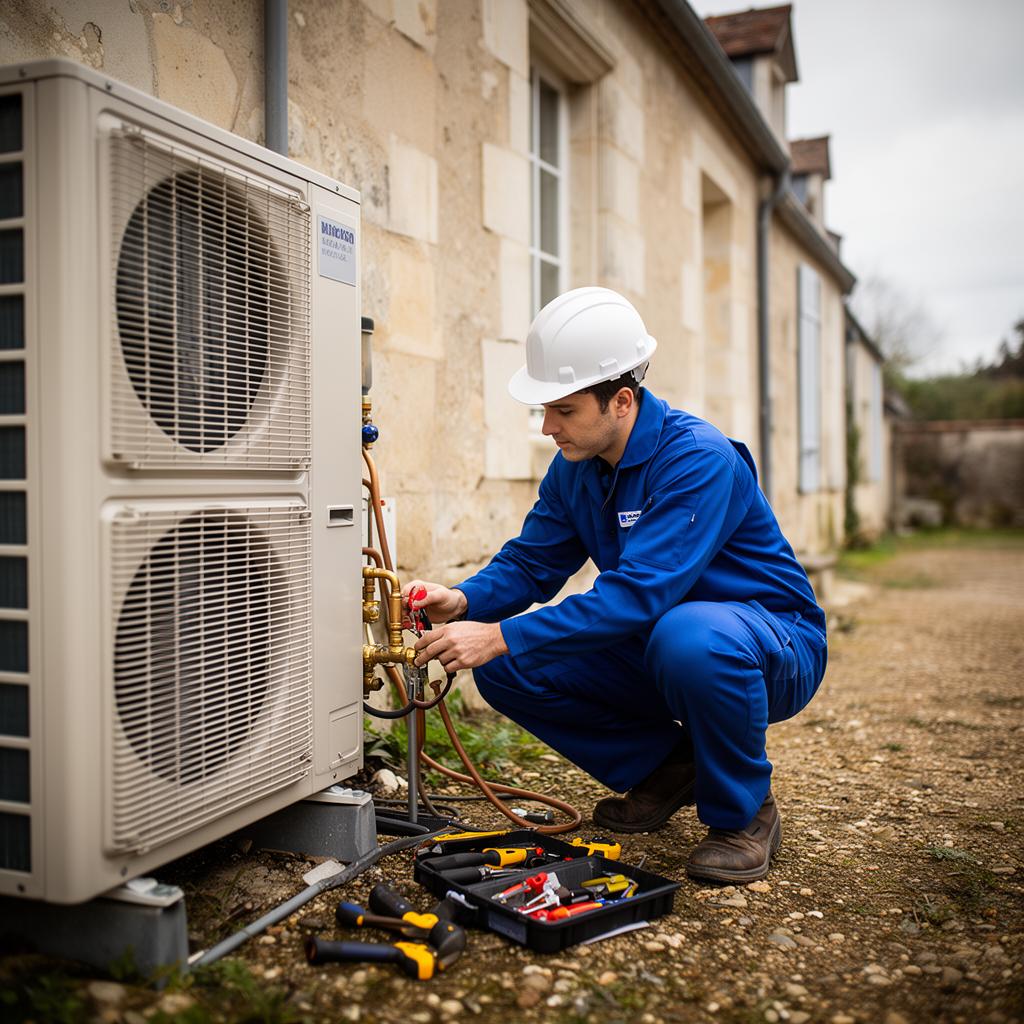 Technicien certifié RGE installant une pompe à chaleur air/eau sur le mur extérieur d'une maison