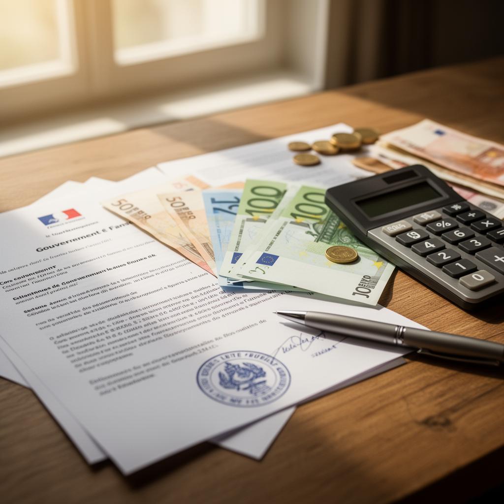 Documents administratifs français, billets en euros et calculatrice sur un bureau