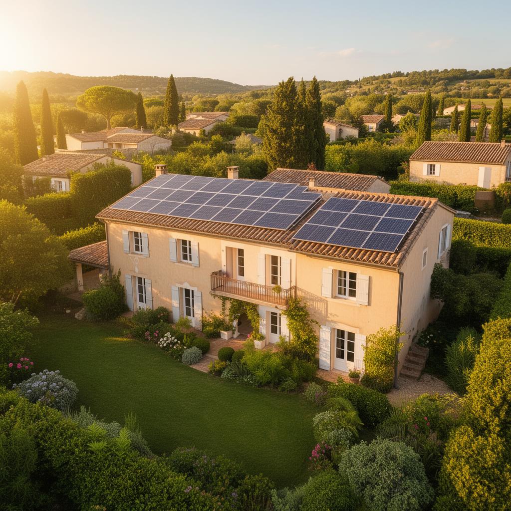 Maison individuelle avec panneaux solaires en toiture dans la campagne française