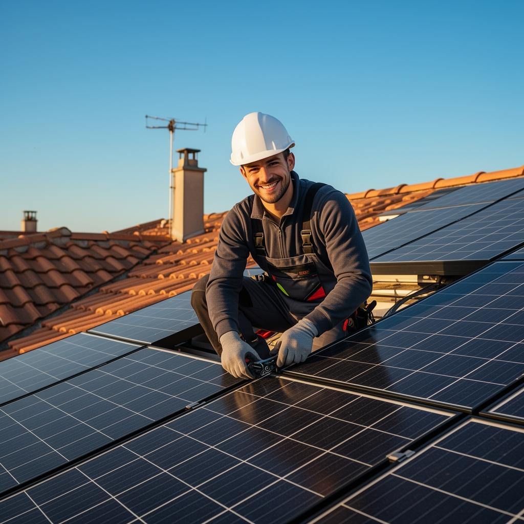 Installateur certifié RGE posant des panneaux solaires sur une toiture en tuiles